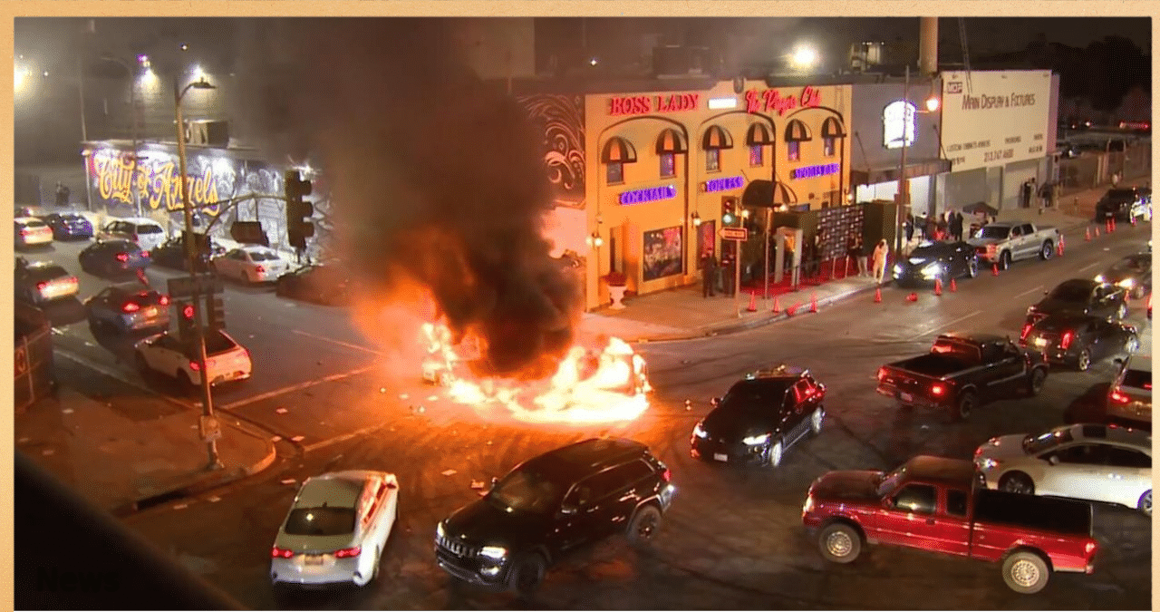 Fiery Chaos Erupts During Downtown Los Angeles Street Takeover